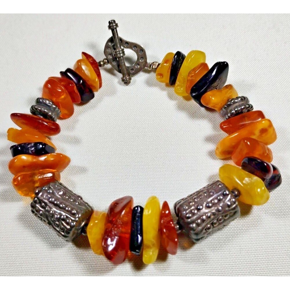 Vintage Baltic Yellow Yolk Amber Bracelet Silver Tone Spacer Bead Toggle Clasp
